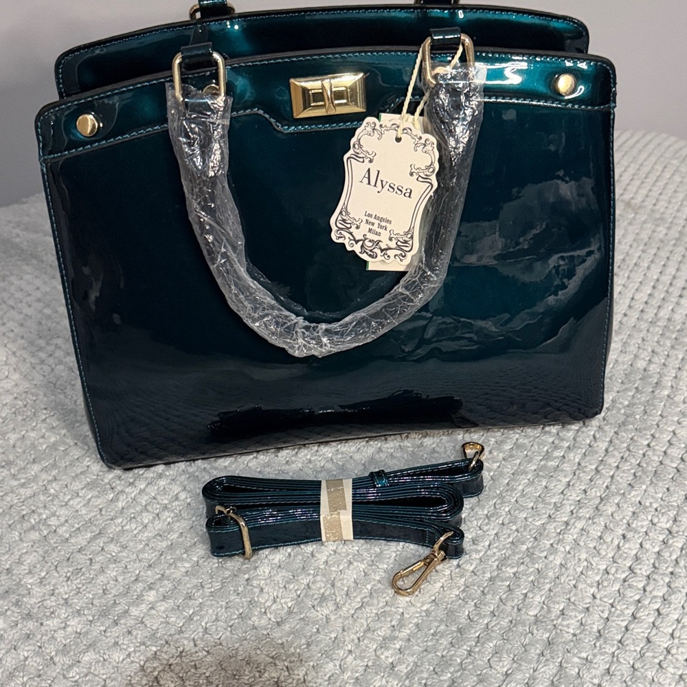 Alyssa Glossy Patent Leather (PU) Top-Handle Bag in Teal